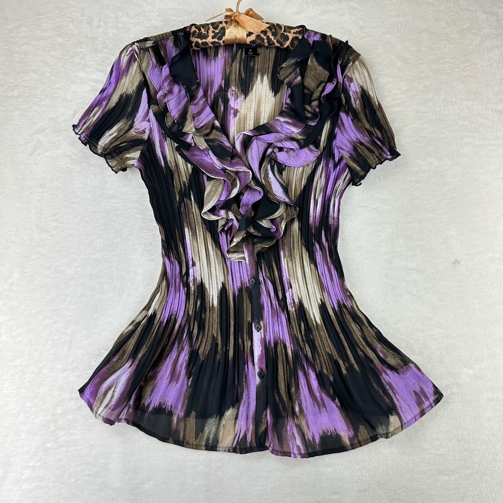 East 5th Blouse Womens M Slim Purple‎ Abstract Ruffle Plisse Y2K Top